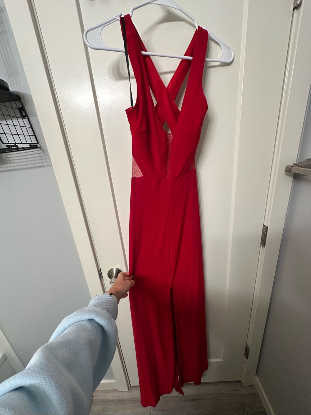 Red Cross-Back Evening Dress with Mesh Cut Outs